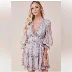 Saints & Secrets GREY ORANGE MULTI-COLOR FLORAL PRINT V-NECK RUFFLE DRES…